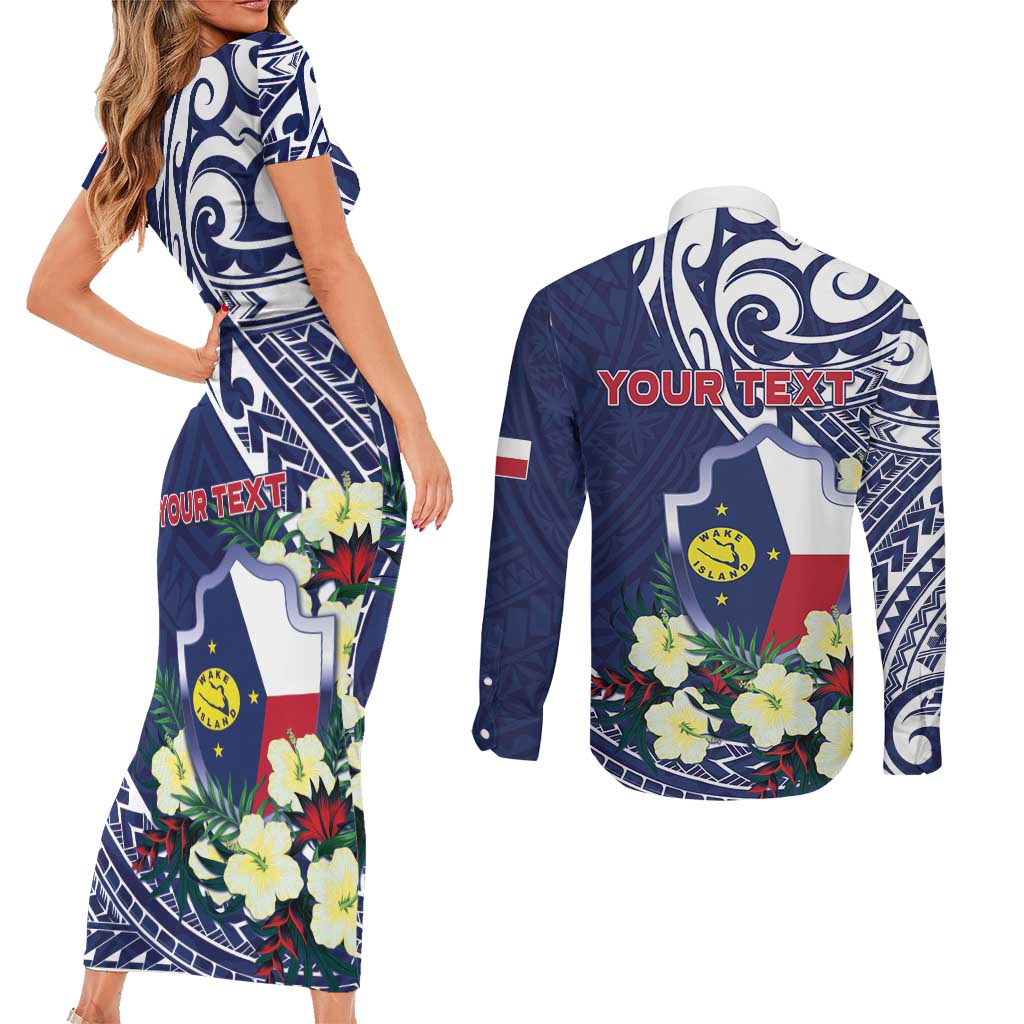 Personalised Wake Island Couples Matching Short Sleeve Bodycon Dress and Long Sleeve Button Shirt Tribal Pattern With Hibiscus Flowers LT05 - Polynesian Pride