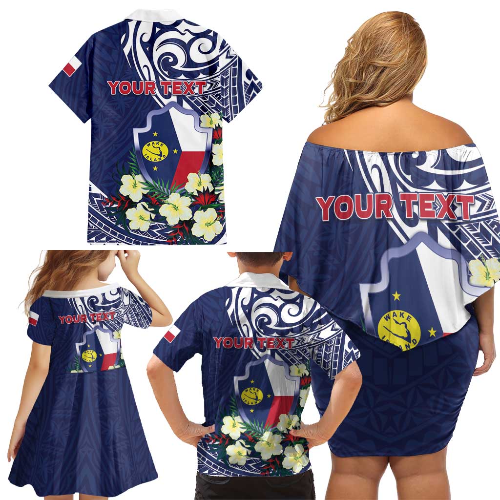 Personalised Wake Island Family Matching Off Shoulder Short Dress and Hawaiian Shirt Tribal Pattern With Hibiscus Flowers