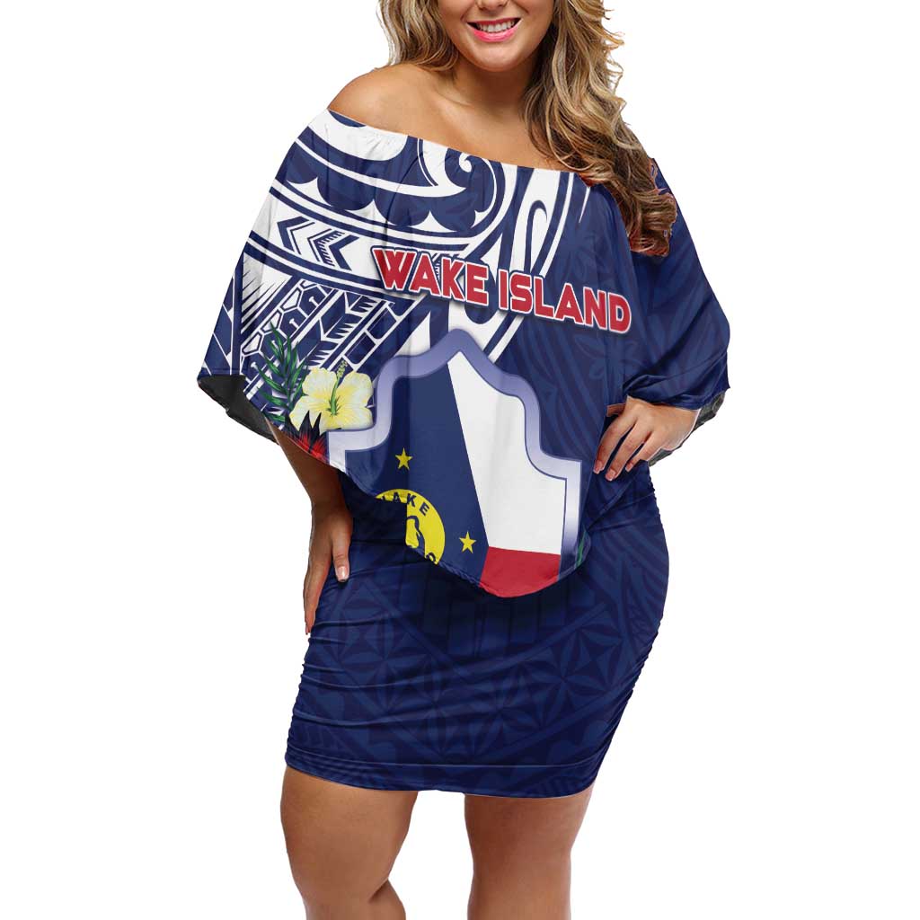 Personalised Wake Island Family Matching Off Shoulder Short Dress and Hawaiian Shirt Tribal Pattern With Hibiscus Flowers