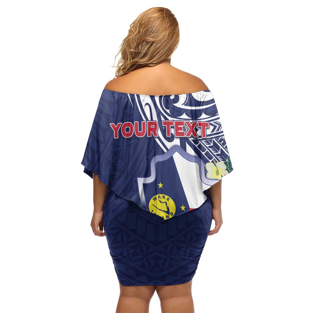 Personalised Wake Island Family Matching Off Shoulder Short Dress and Hawaiian Shirt Tribal Pattern With Hibiscus Flowers