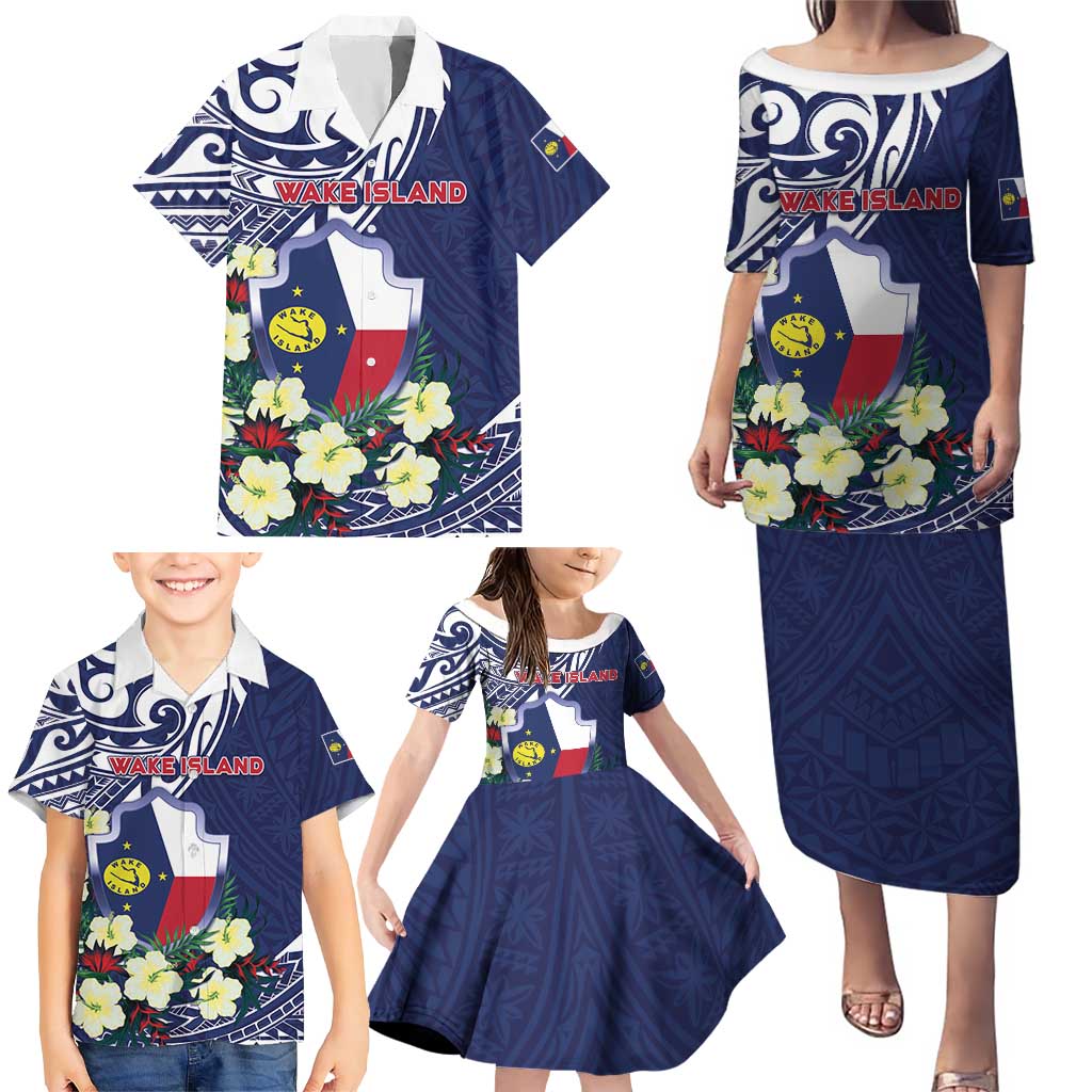 Personalised Wake Island Family Matching Puletasi and Hawaiian Shirt Tribal Pattern With Hibiscus Flowers