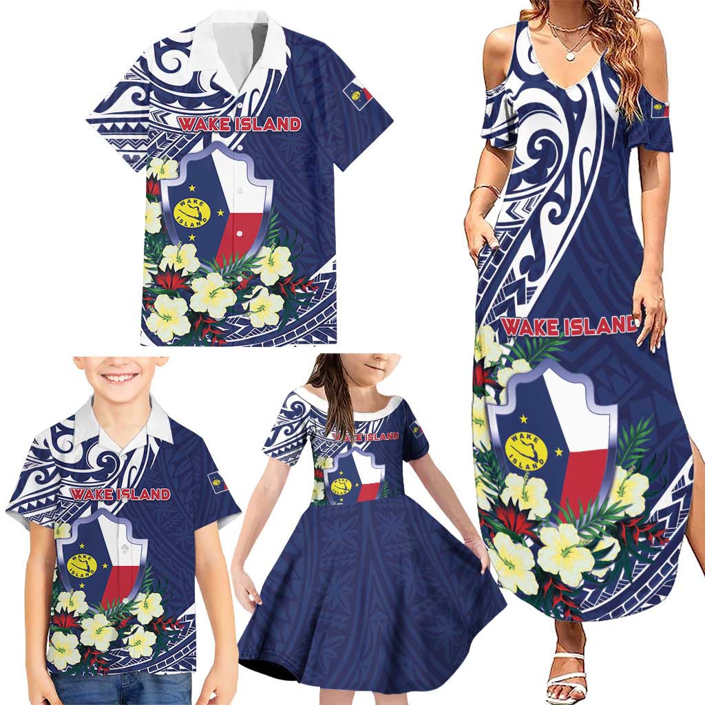 Personalised Wake Island Family Matching Summer Maxi Dress and Hawaiian Shirt Tribal Pattern With Hibiscus Flowers