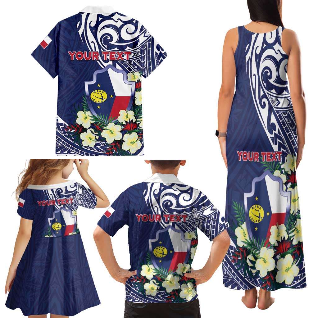 Personalised Wake Island Family Matching Tank Maxi Dress and Hawaiian Shirt Tribal Pattern With Hibiscus Flowers