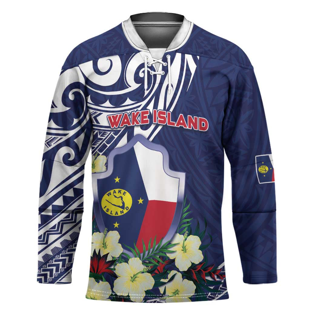 Personalised Wake Island Hockey Jersey Tribal Pattern With Hibiscus Flowers LT05 Unisex Blue - Polynesian Pride