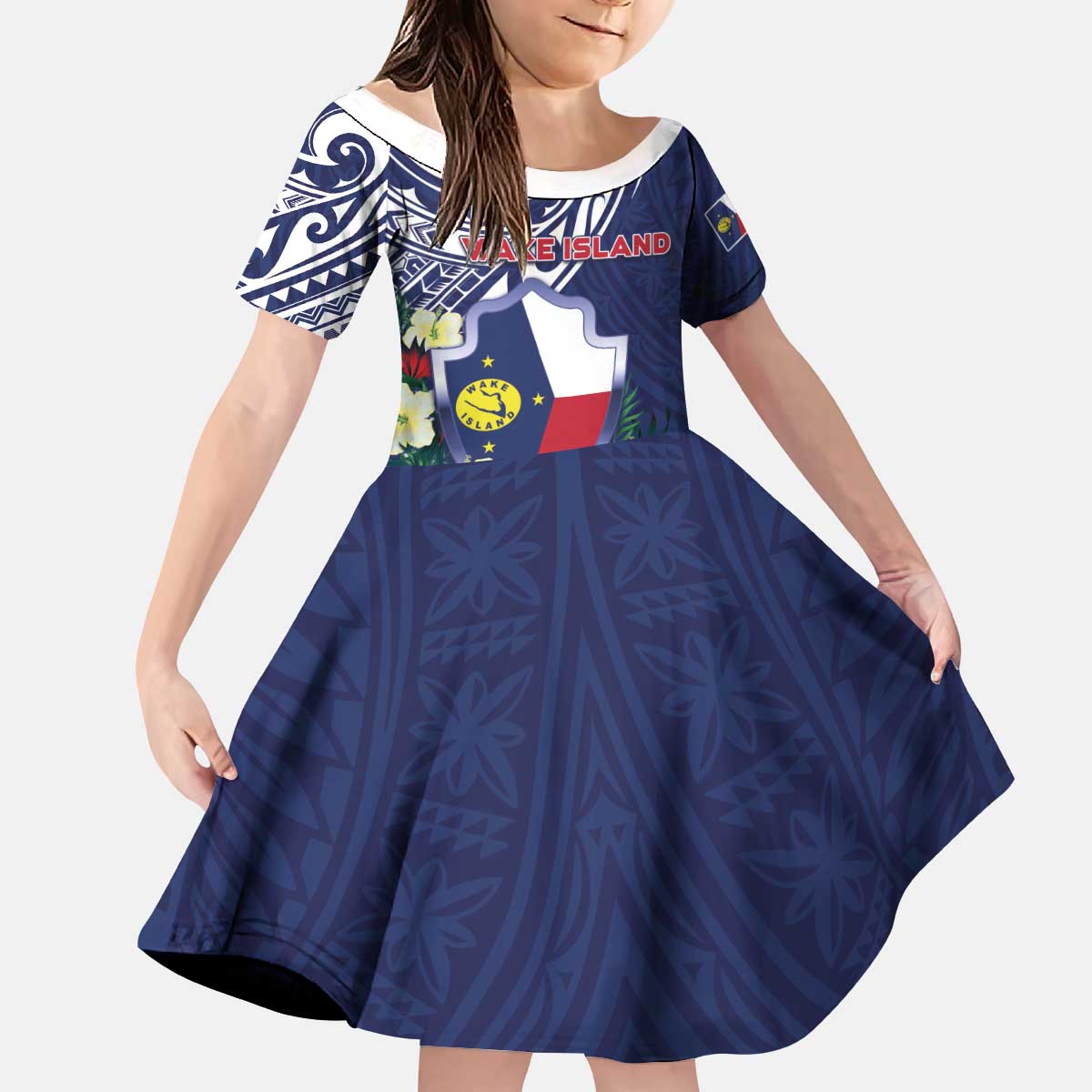 Personalised Wake Island Kid Short Sleeve Dress Tribal Pattern With Hibiscus Flowers
