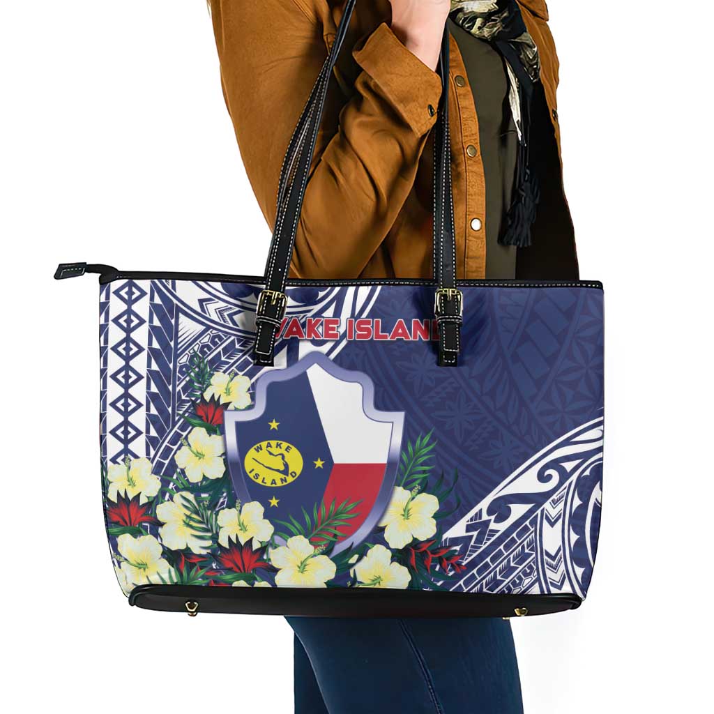 Wake Island Leather Tote Bag Tribal Pattern With Hibiscus Flowers