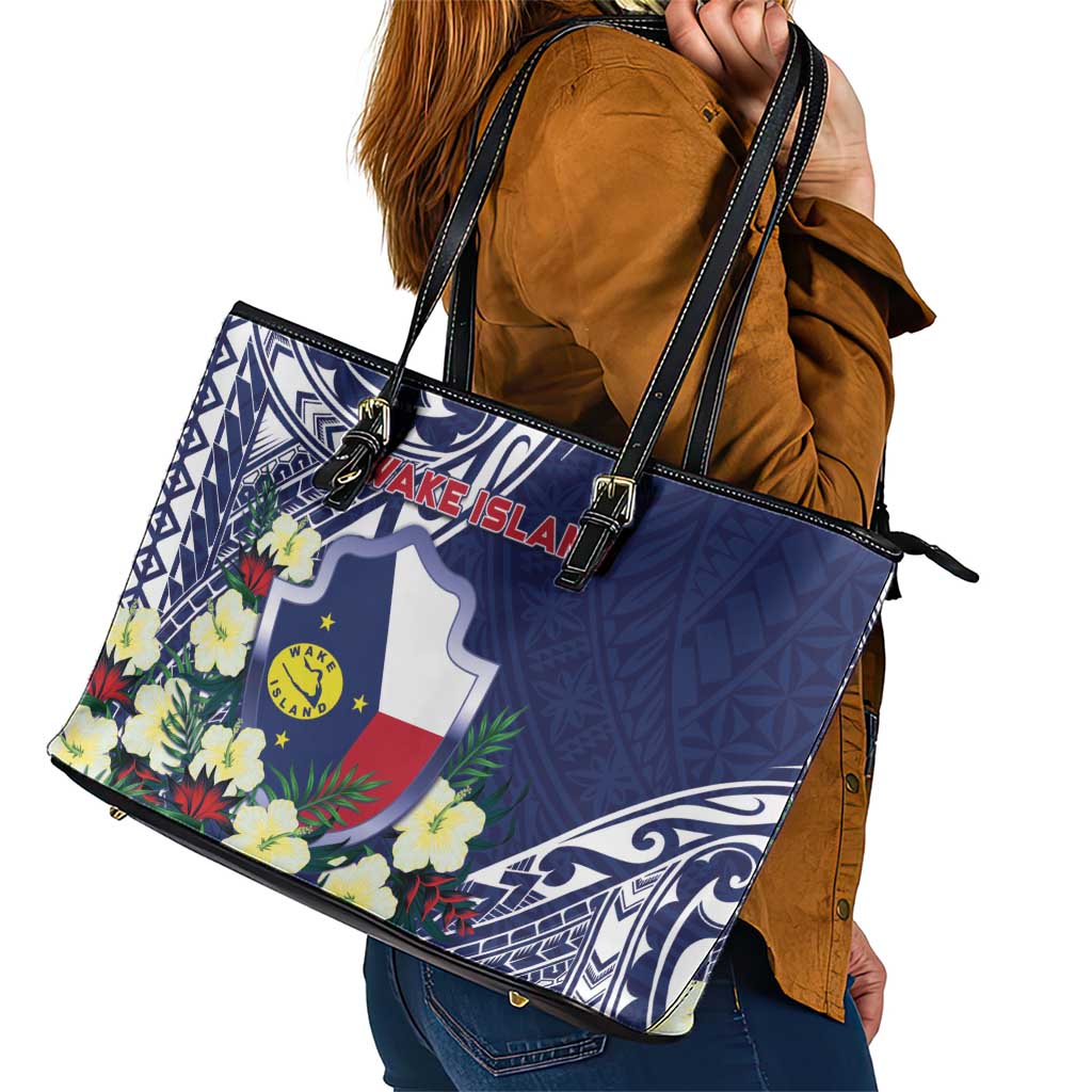 Wake Island Leather Tote Bag Tribal Pattern With Hibiscus Flowers