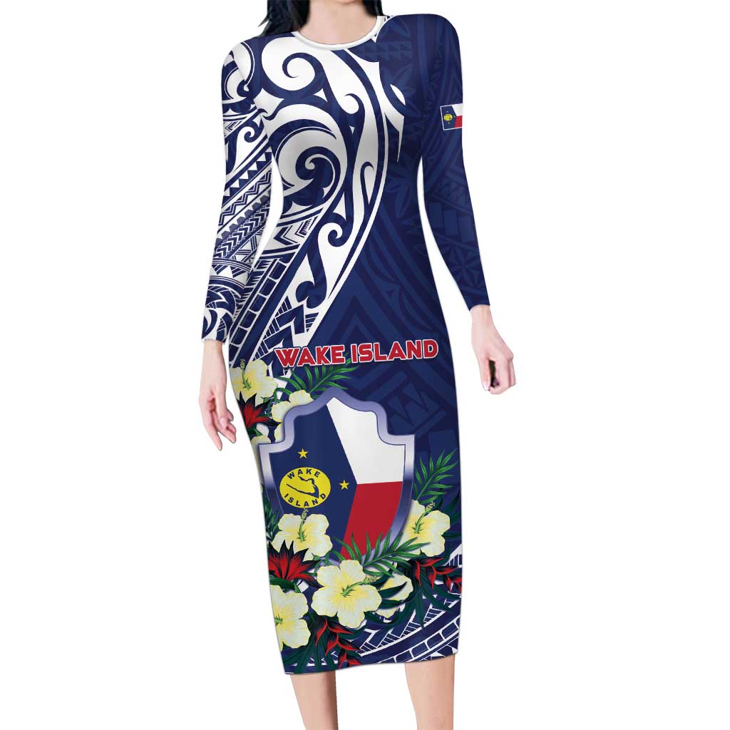 Personalised Wake Island Long Sleeve Bodycon Dress Tribal Pattern With Hibiscus Flowers LT05 Long Dress Blue - Polynesian Pride