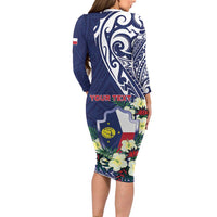 Personalised Wake Island Long Sleeve Bodycon Dress Tribal Pattern With Hibiscus Flowers