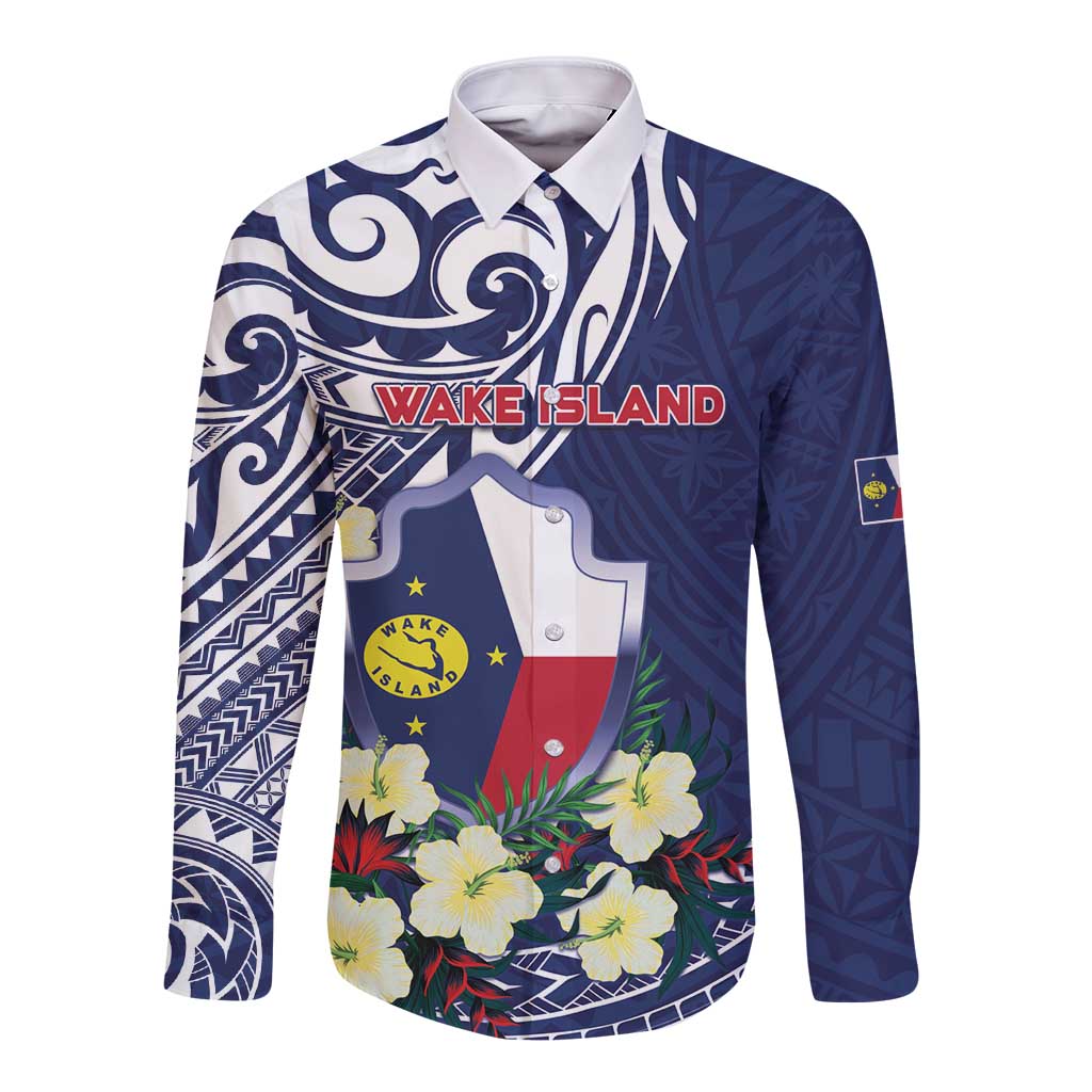 Personalised Wake Island Long Sleeve Button Shirt Tribal Pattern With Hibiscus Flowers