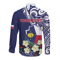 Personalised Wake Island Long Sleeve Button Shirt Tribal Pattern With Hibiscus Flowers