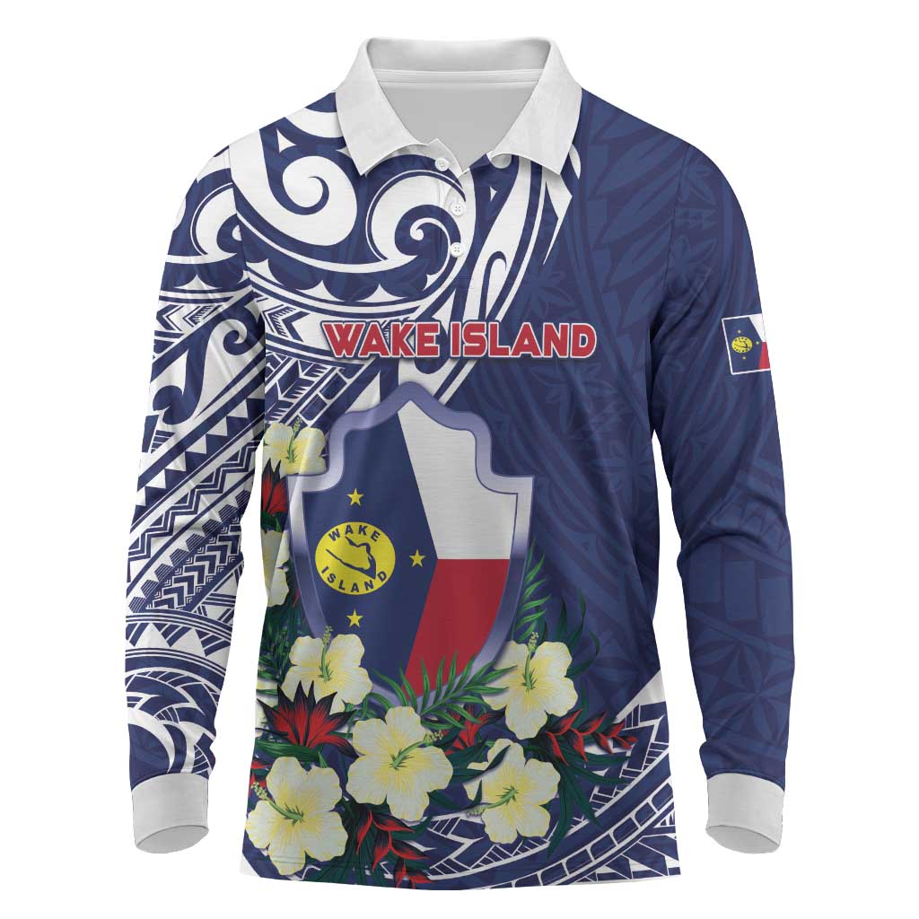Personalised Wake Island Long Sleeve Polo Shirt Tribal Pattern With Hibiscus Flowers