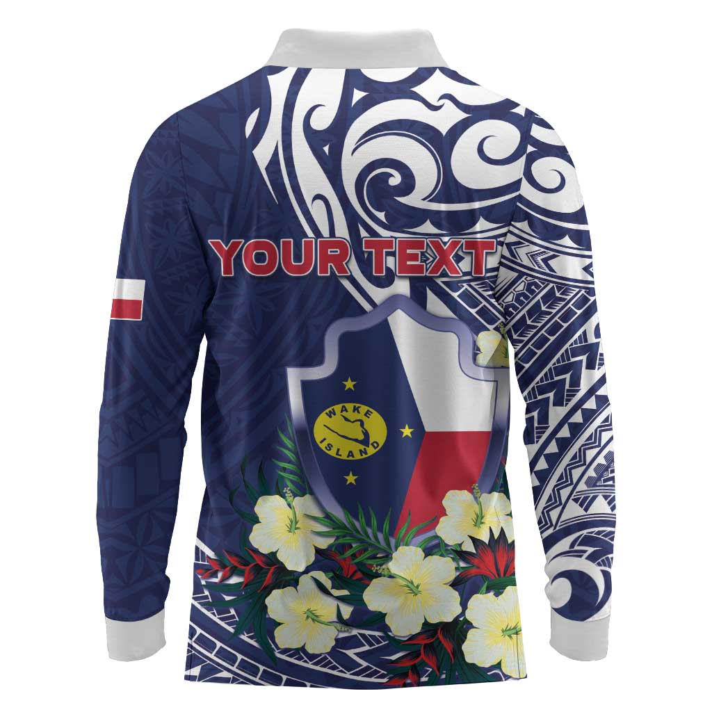 Personalised Wake Island Long Sleeve Polo Shirt Tribal Pattern With Hibiscus Flowers