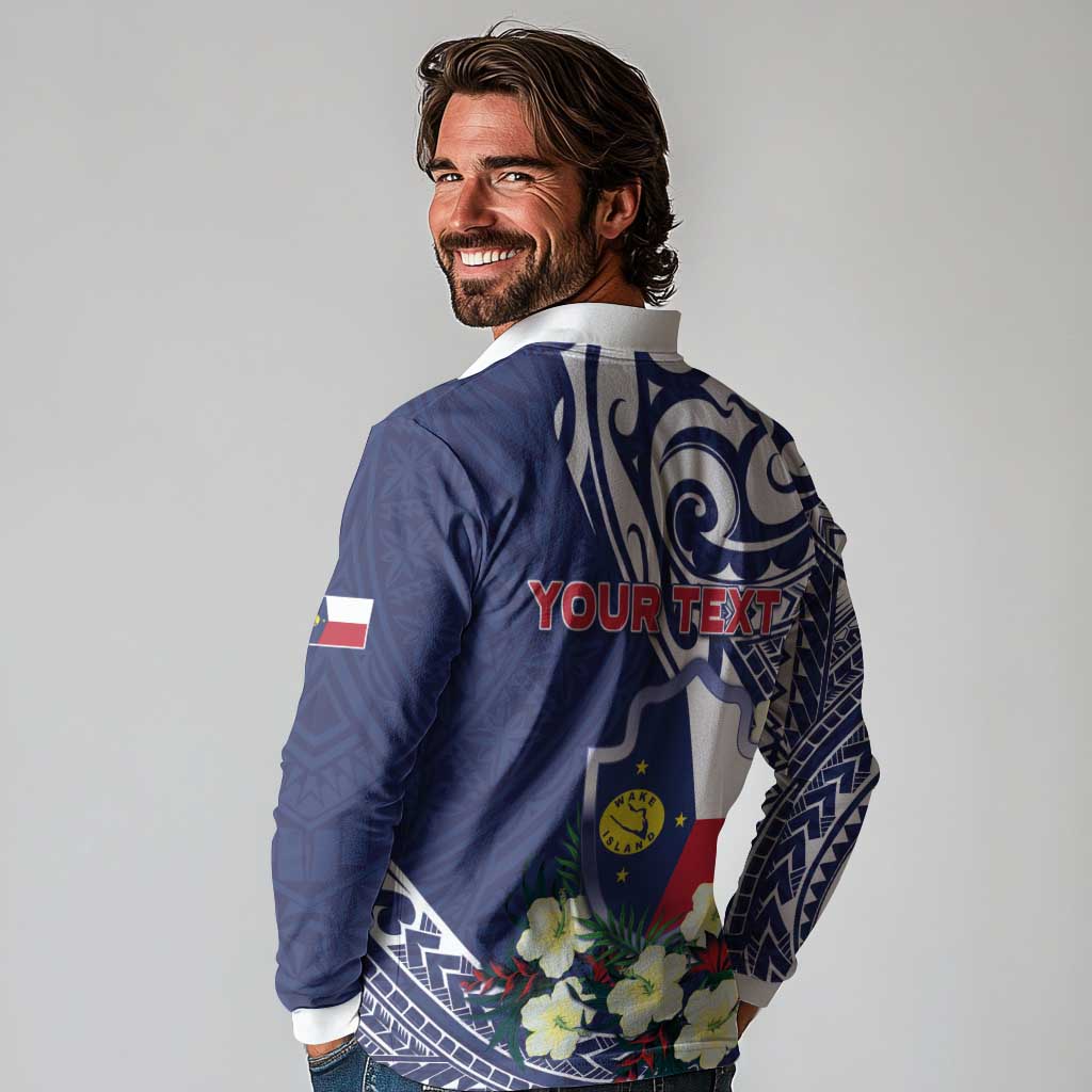Personalised Wake Island Long Sleeve Polo Shirt Tribal Pattern With Hibiscus Flowers