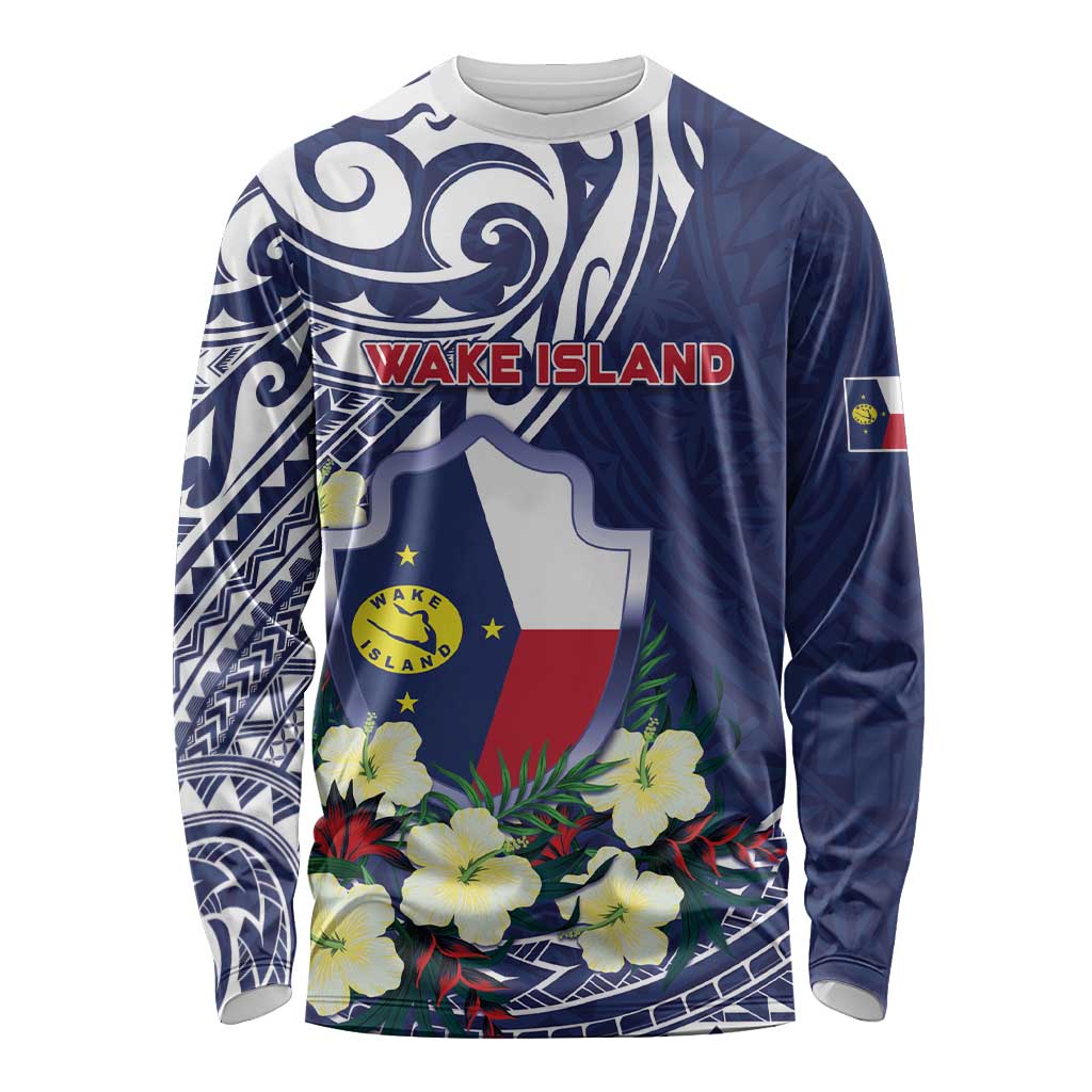Personalised Wake Island Long Sleeve Shirt Tribal Pattern With Hibiscus Flowers