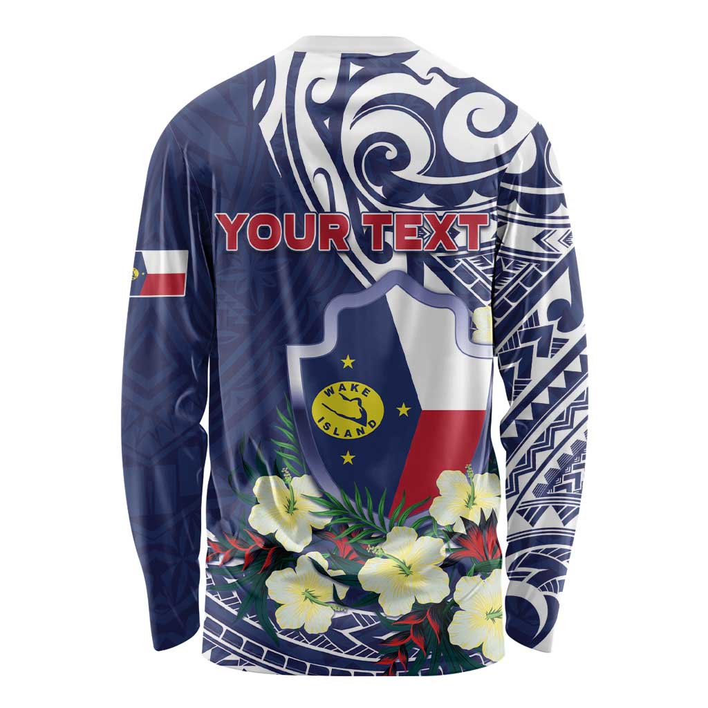 Personalised Wake Island Long Sleeve Shirt Tribal Pattern With Hibiscus Flowers