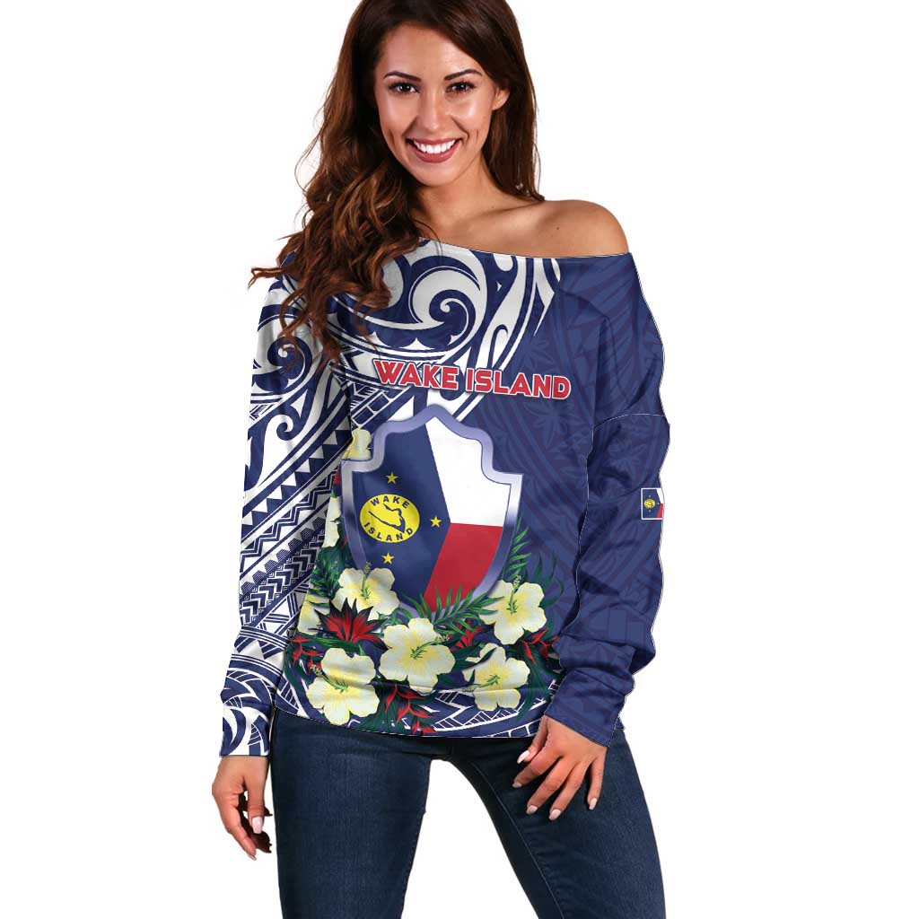 Personalised Wake Island Off Shoulder Sweater Tribal Pattern With Hibiscus Flowers