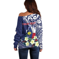 Personalised Wake Island Off Shoulder Sweater Tribal Pattern With Hibiscus Flowers