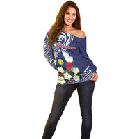 Personalised Wake Island Off Shoulder Sweater Tribal Pattern With Hibiscus Flowers