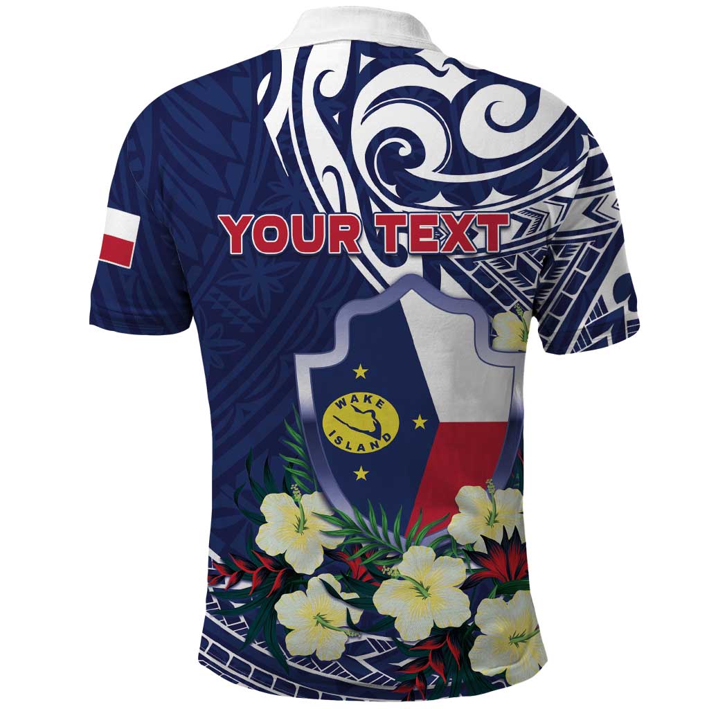 Personalised Wake Island Polo Shirt Tribal Pattern With Hibiscus Flowers