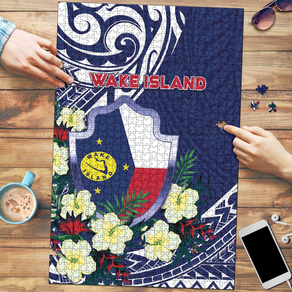 Wake Island Puzzle Tribal Pattern With Hibiscus Flowers