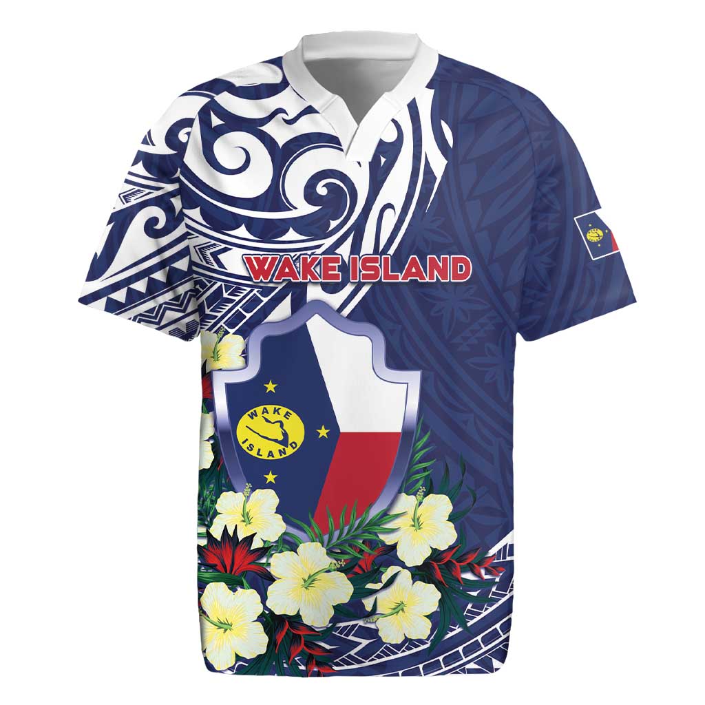 Personalised Wake Island Rugby Jersey Tribal Pattern With Hibiscus Flowers