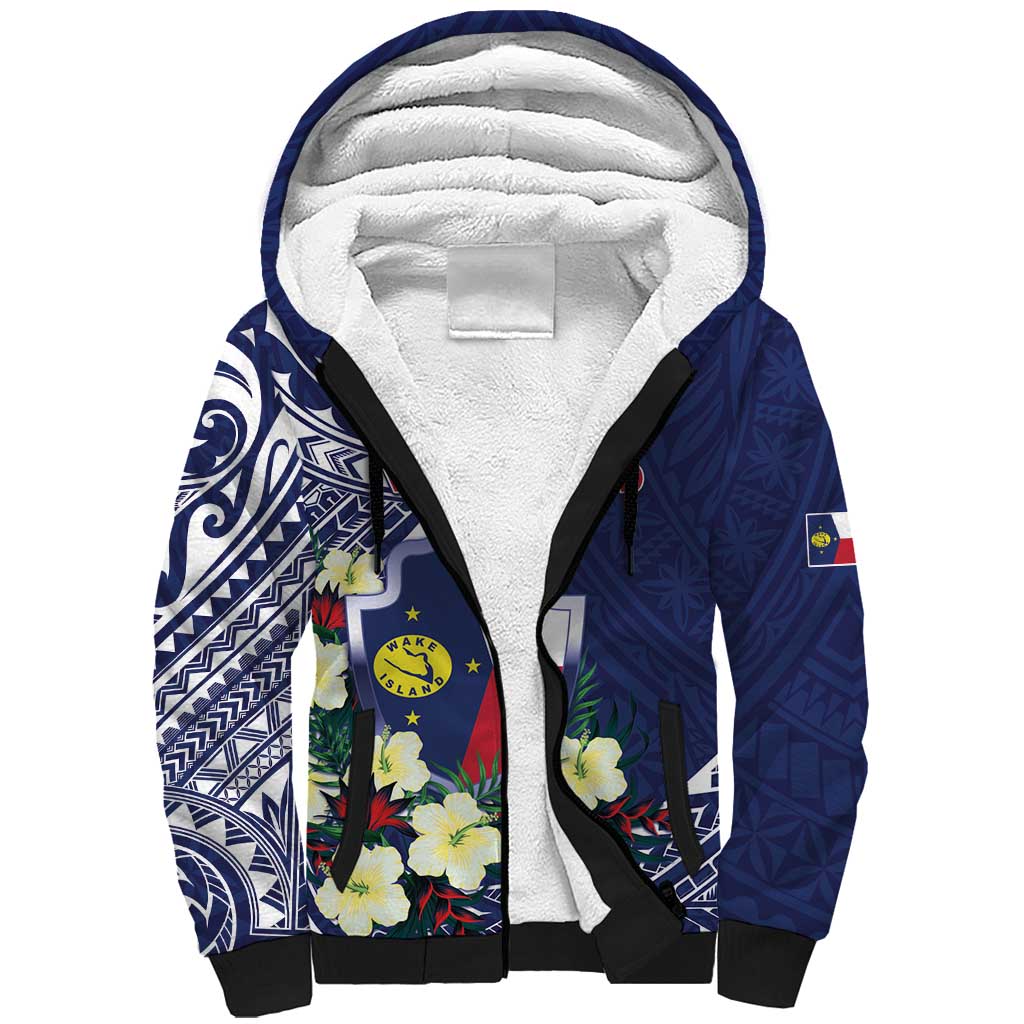 Personalised Wake Island Sherpa Hoodie Tribal Pattern With Hibiscus Flowers