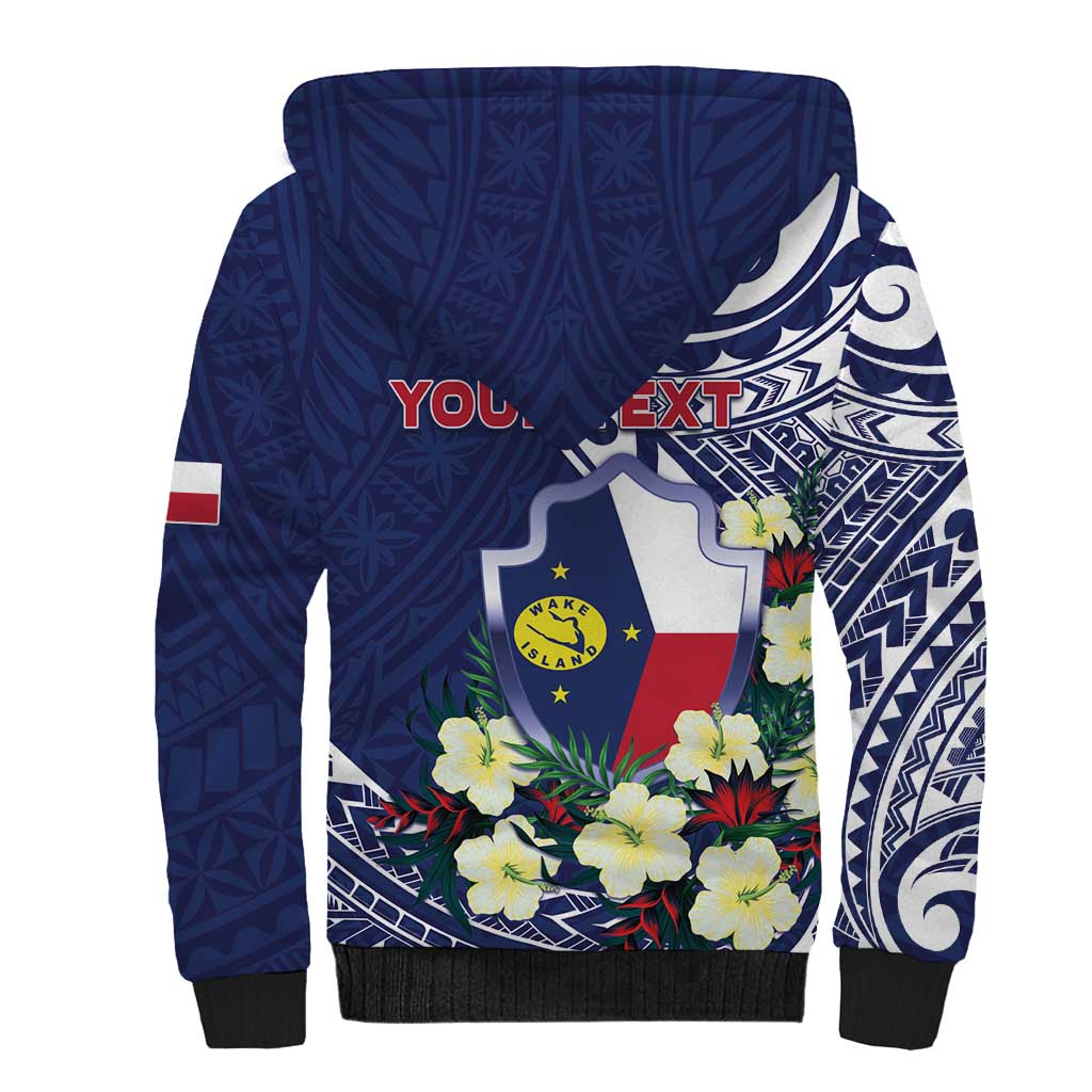 Personalised Wake Island Sherpa Hoodie Tribal Pattern With Hibiscus Flowers