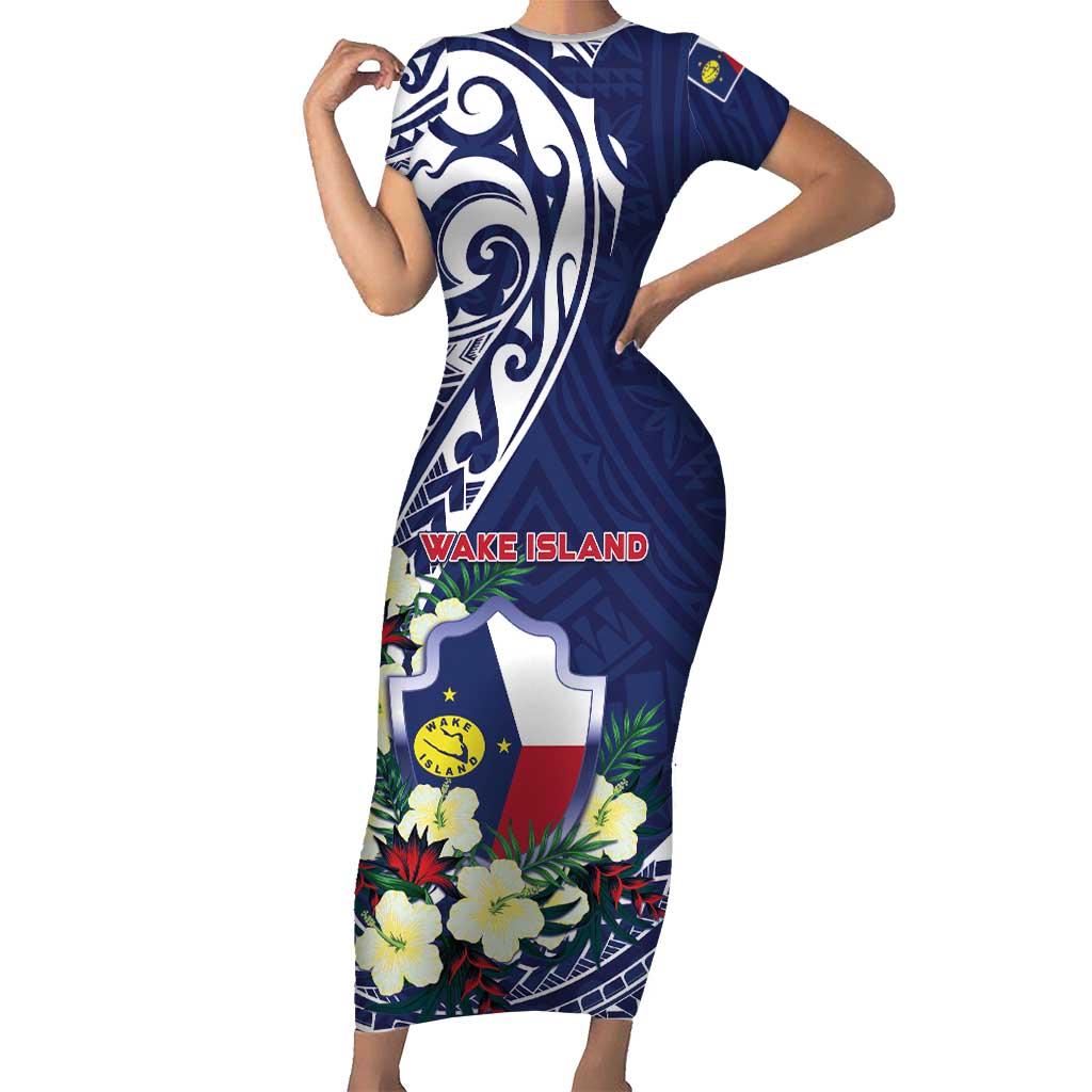 Personalised Wake Island Short Sleeve Bodycon Dress Tribal Pattern With Hibiscus Flowers LT05 Long Dress Blue - Polynesian Pride
