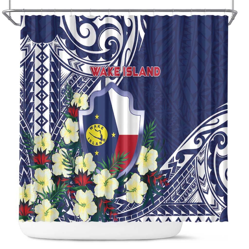 Wake Island Shower Curtain Tribal Pattern With Hibiscus Flowers LT05 Blue - Polynesian Pride