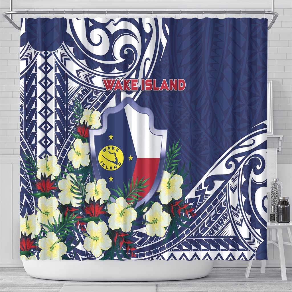 Wake Island Shower Curtain Tribal Pattern With Hibiscus Flowers