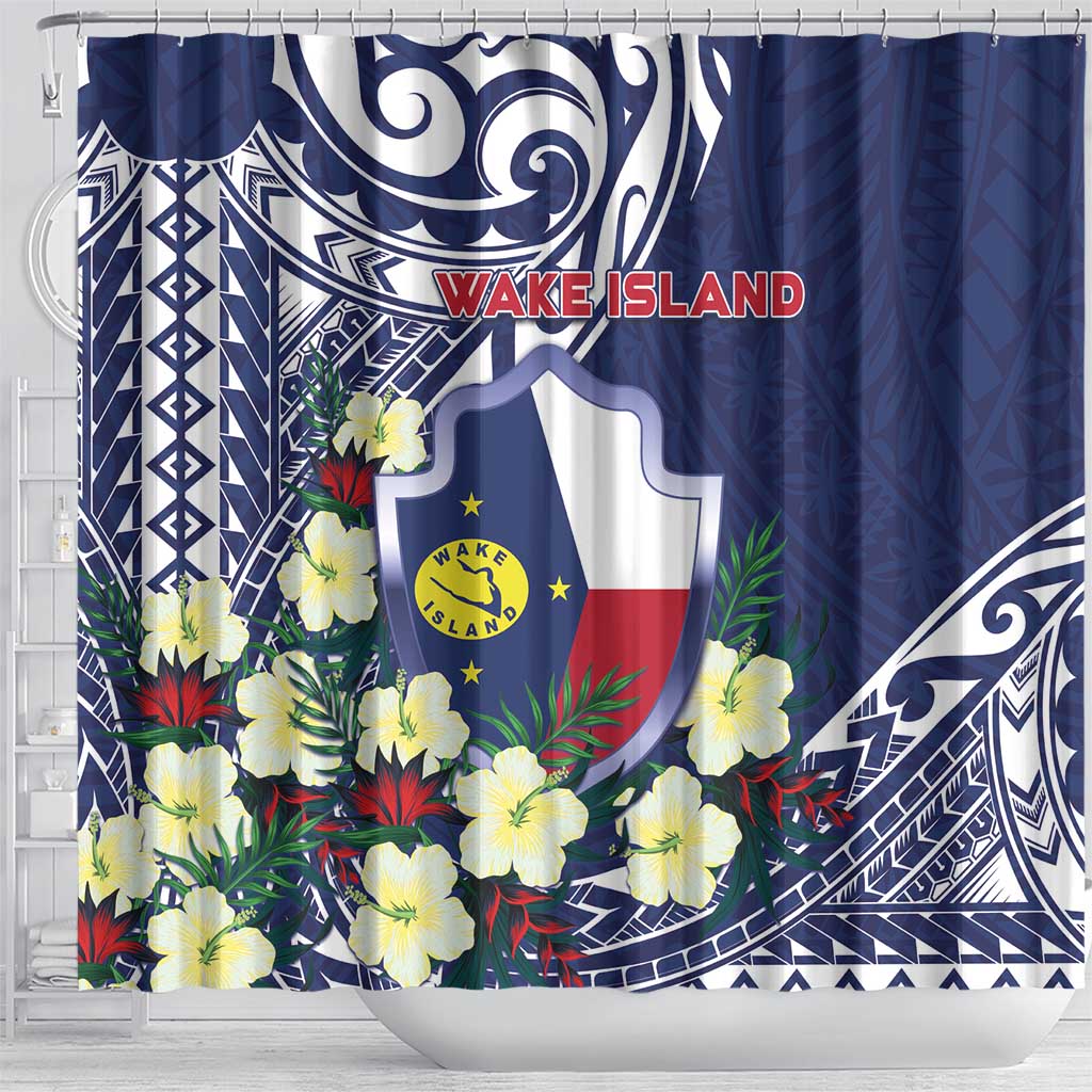 Wake Island Shower Curtain Tribal Pattern With Hibiscus Flowers