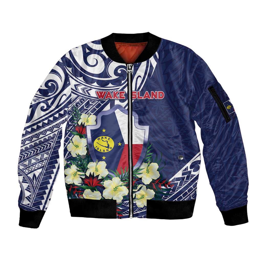 Personalised Wake Island Sleeve Zip Bomber Jacket Tribal Pattern With Hibiscus Flowers