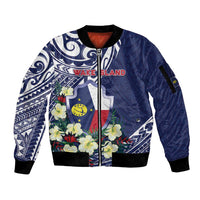 Personalised Wake Island Sleeve Zip Bomber Jacket Tribal Pattern With Hibiscus Flowers