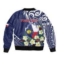 Personalised Wake Island Sleeve Zip Bomber Jacket Tribal Pattern With Hibiscus Flowers