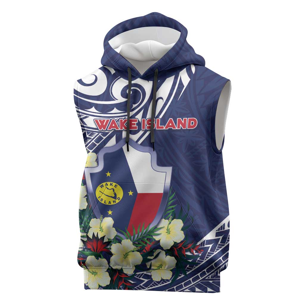 Personalised Wake Island Sleeveless Hoodie Tribal Pattern With Hibiscus Flowers