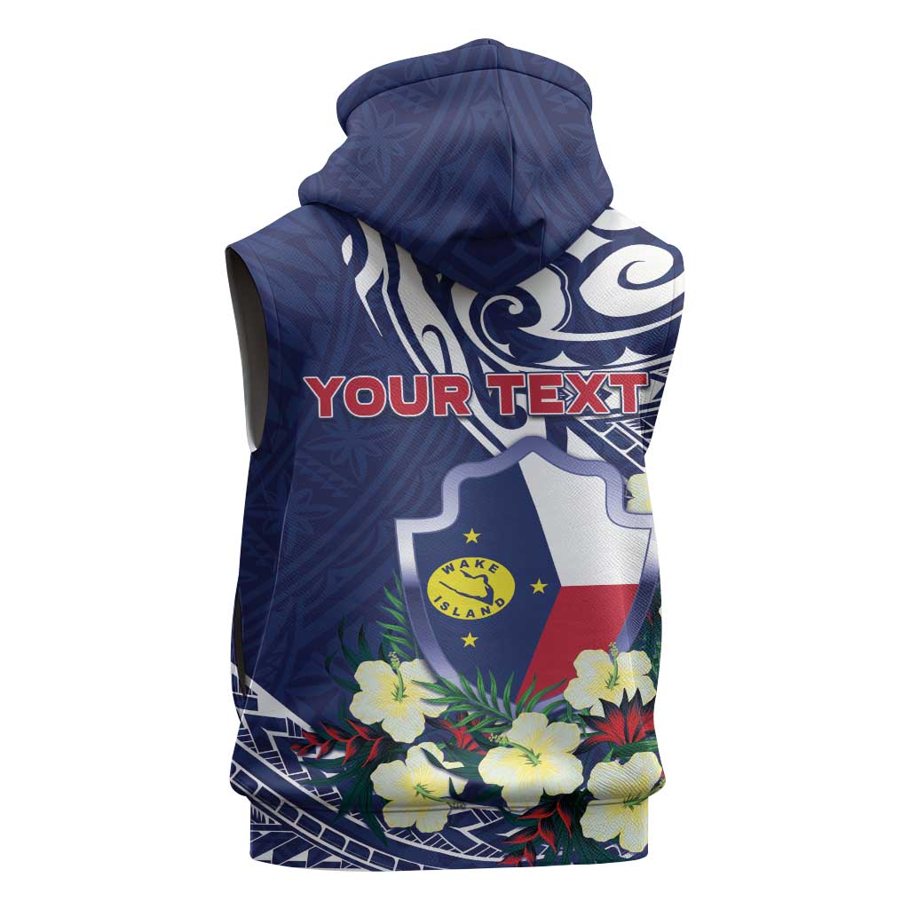 Personalised Wake Island Sleeveless Hoodie Tribal Pattern With Hibiscus Flowers