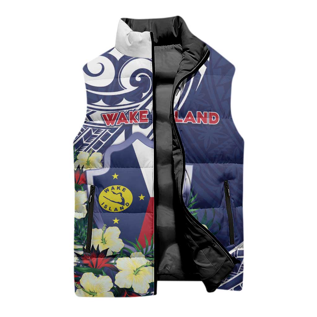 Personalised Wake Island Sleeveless Puffer Jacket Tribal Pattern With Hibiscus Flowers