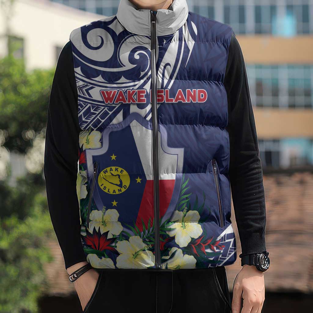 Personalised Wake Island Sleeveless Puffer Jacket Tribal Pattern With Hibiscus Flowers