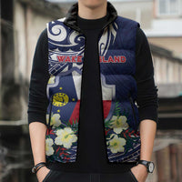 Personalised Wake Island Sleeveless Puffer Jacket Tribal Pattern With Hibiscus Flowers