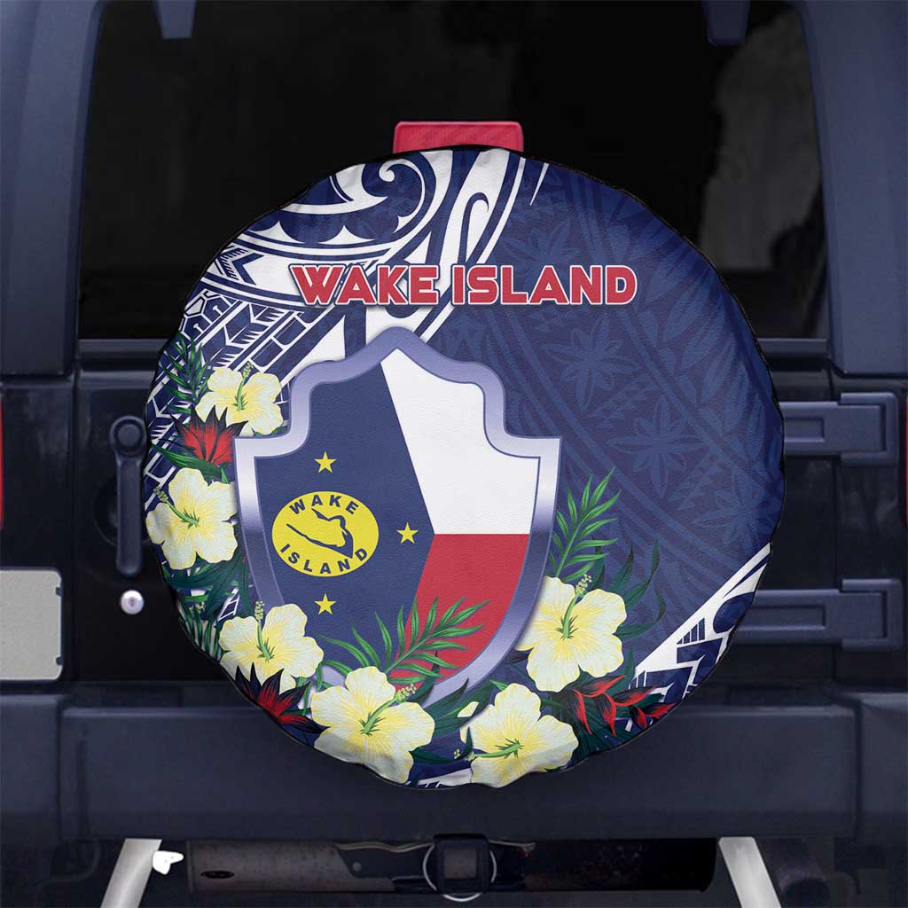 Wake Island Spare Tire Cover Tribal Pattern With Hibiscus Flowers LT05 No hole Blue - Polynesian Pride