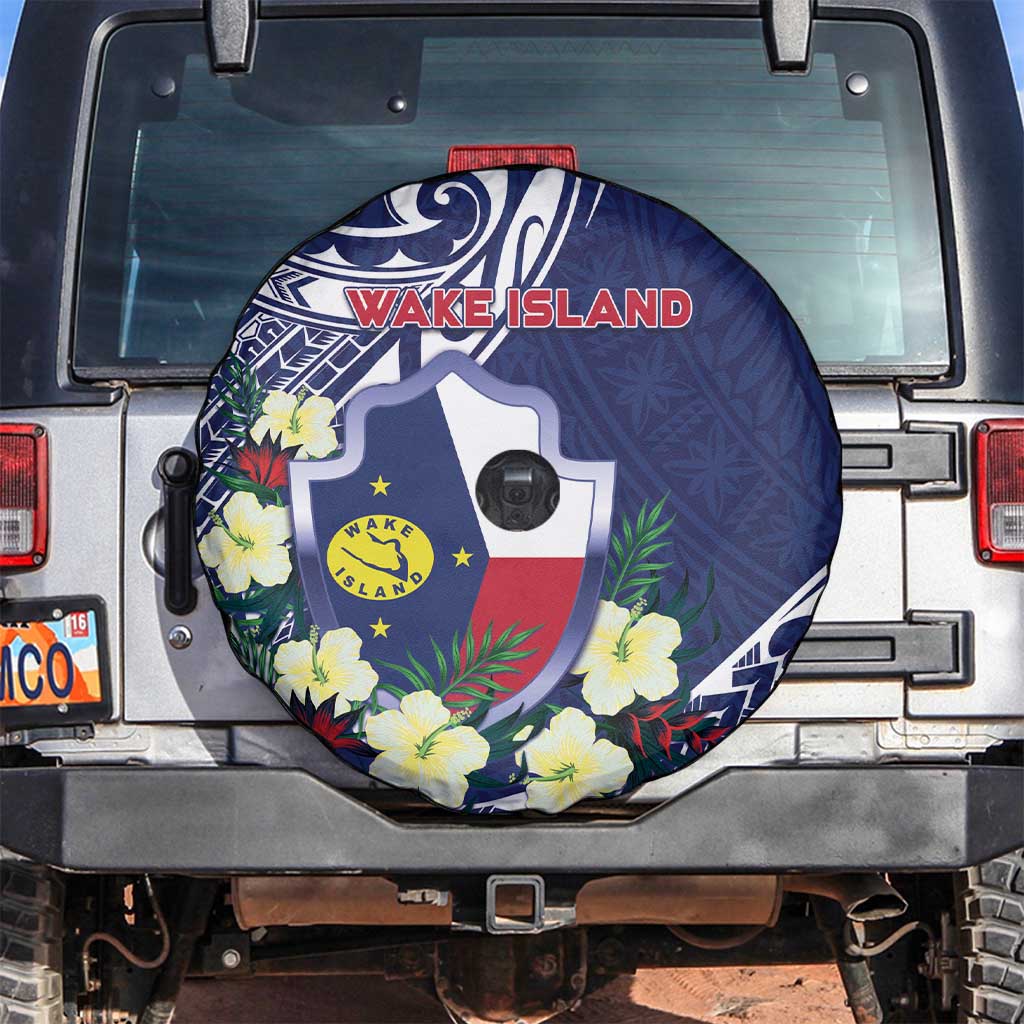 Wake Island Spare Tire Cover Tribal Pattern With Hibiscus Flowers