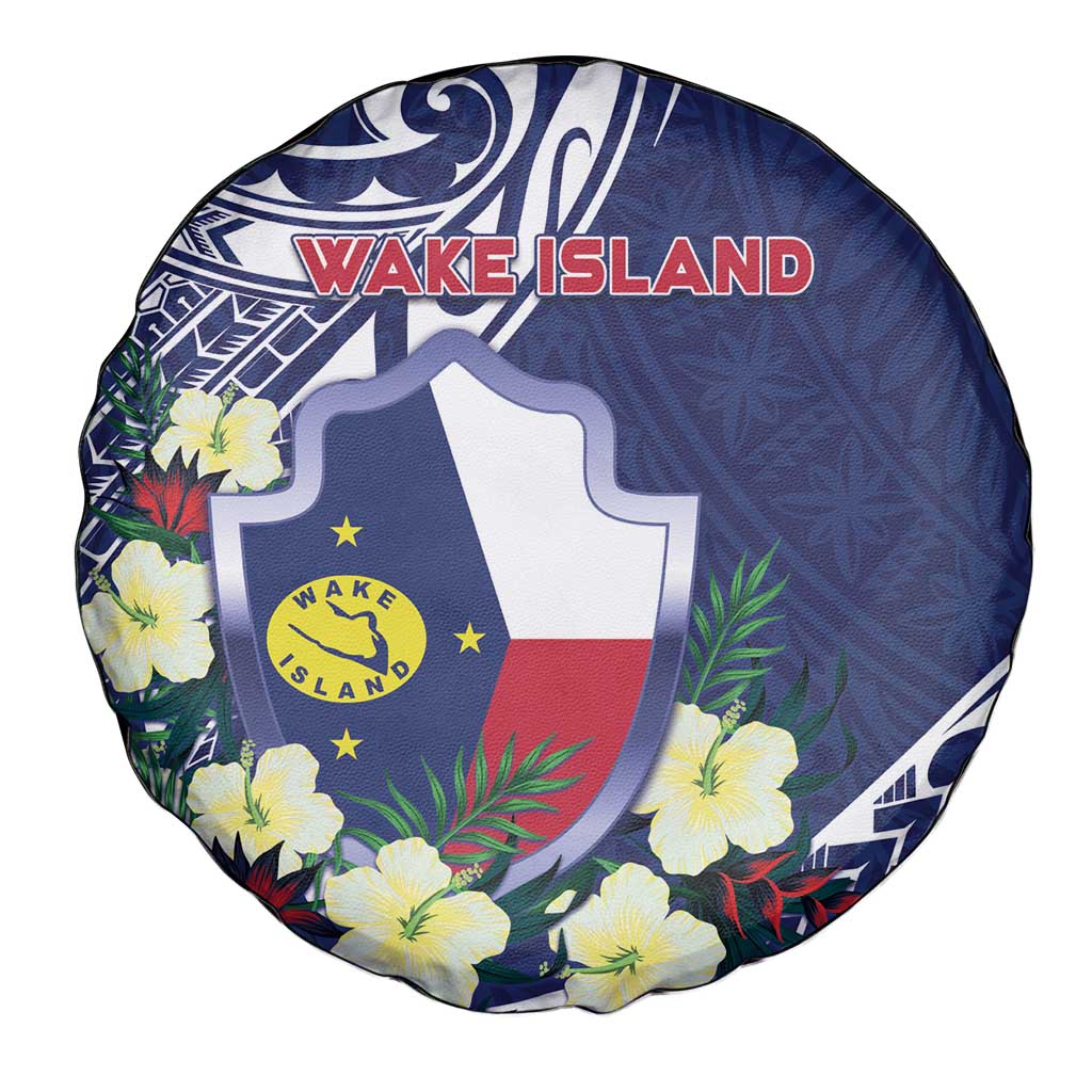 Wake Island Spare Tire Cover Tribal Pattern With Hibiscus Flowers