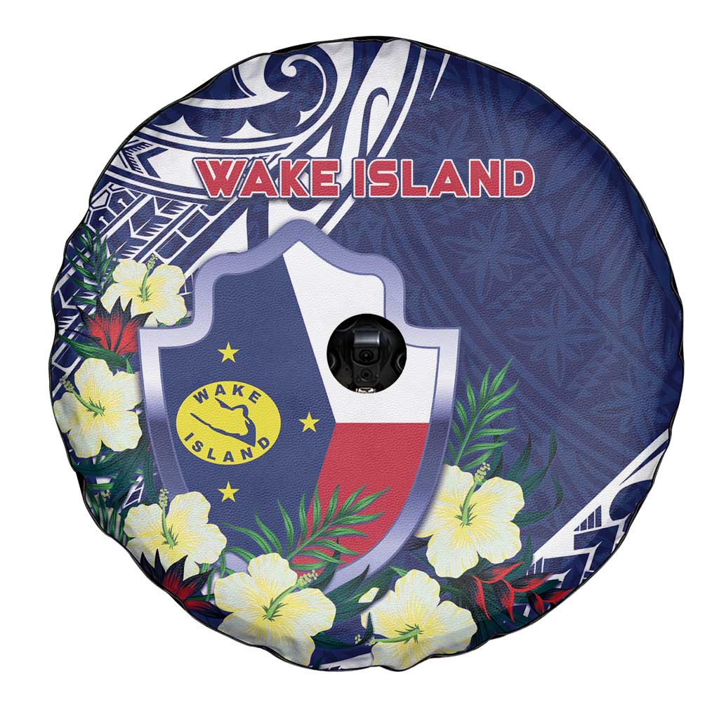 Wake Island Spare Tire Cover Tribal Pattern With Hibiscus Flowers