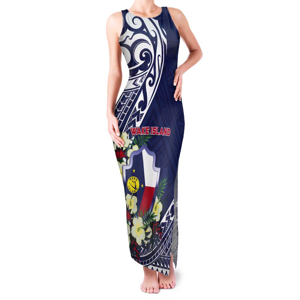 Personalised Wake Island Tank Maxi Dress Tribal Pattern With Hibiscus Flowers LT05 Women Blue - Polynesian Pride