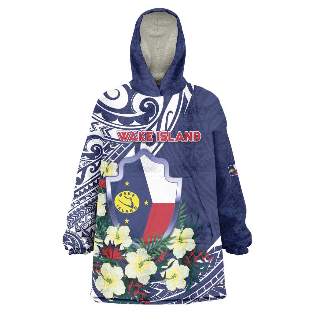 Personalised Wake Island Wearable Blanket Hoodie Tribal Pattern With Hibiscus Flowers