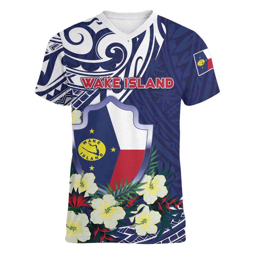 Personalised Wake Island Women V-Neck T-Shirt Tribal Pattern With Hibiscus Flowers LT05 Female Blue - Polynesian Pride