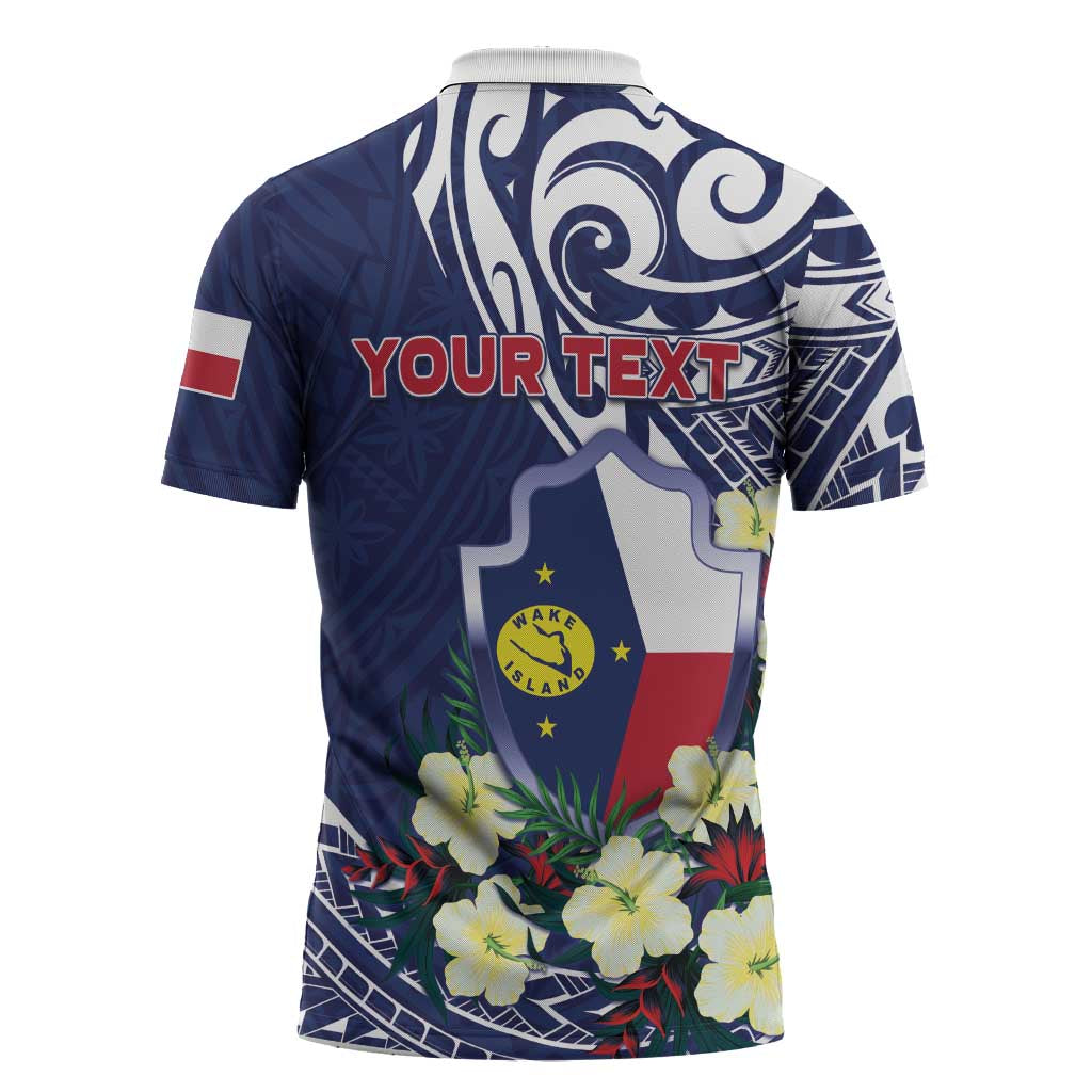 Personalised Wake Island Zipper Polo Shirt Tribal Pattern With Hibiscus Flowers