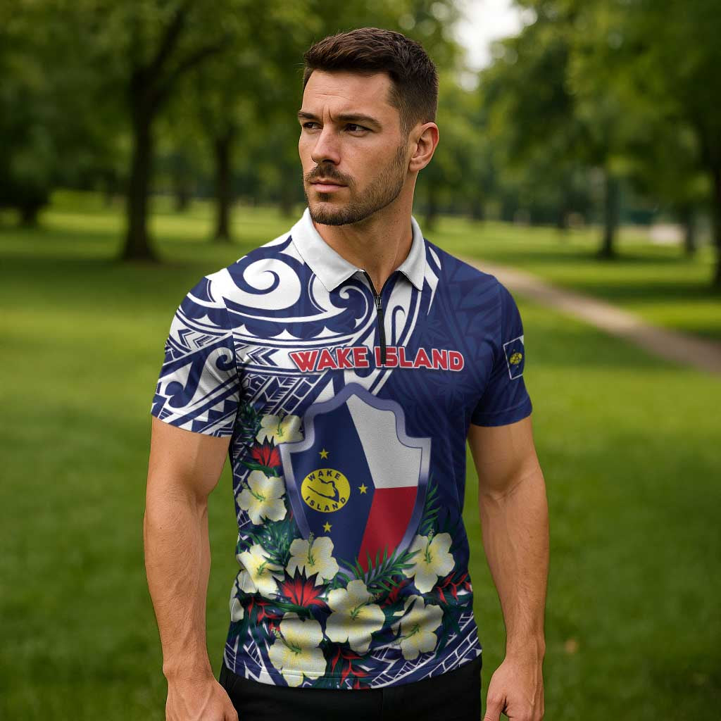 Personalised Wake Island Zipper Polo Shirt Tribal Pattern With Hibiscus Flowers