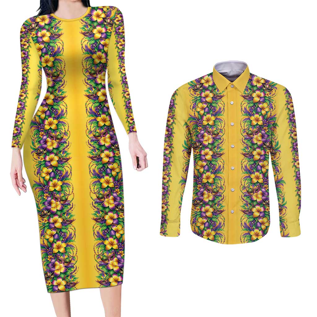 Aloha Hawaii Mardi Gras Couples Matching Long Sleeve Bodycon Dress and Long Sleeve Button Shirt Gold Style LT05 Gold - Polynesian Pride